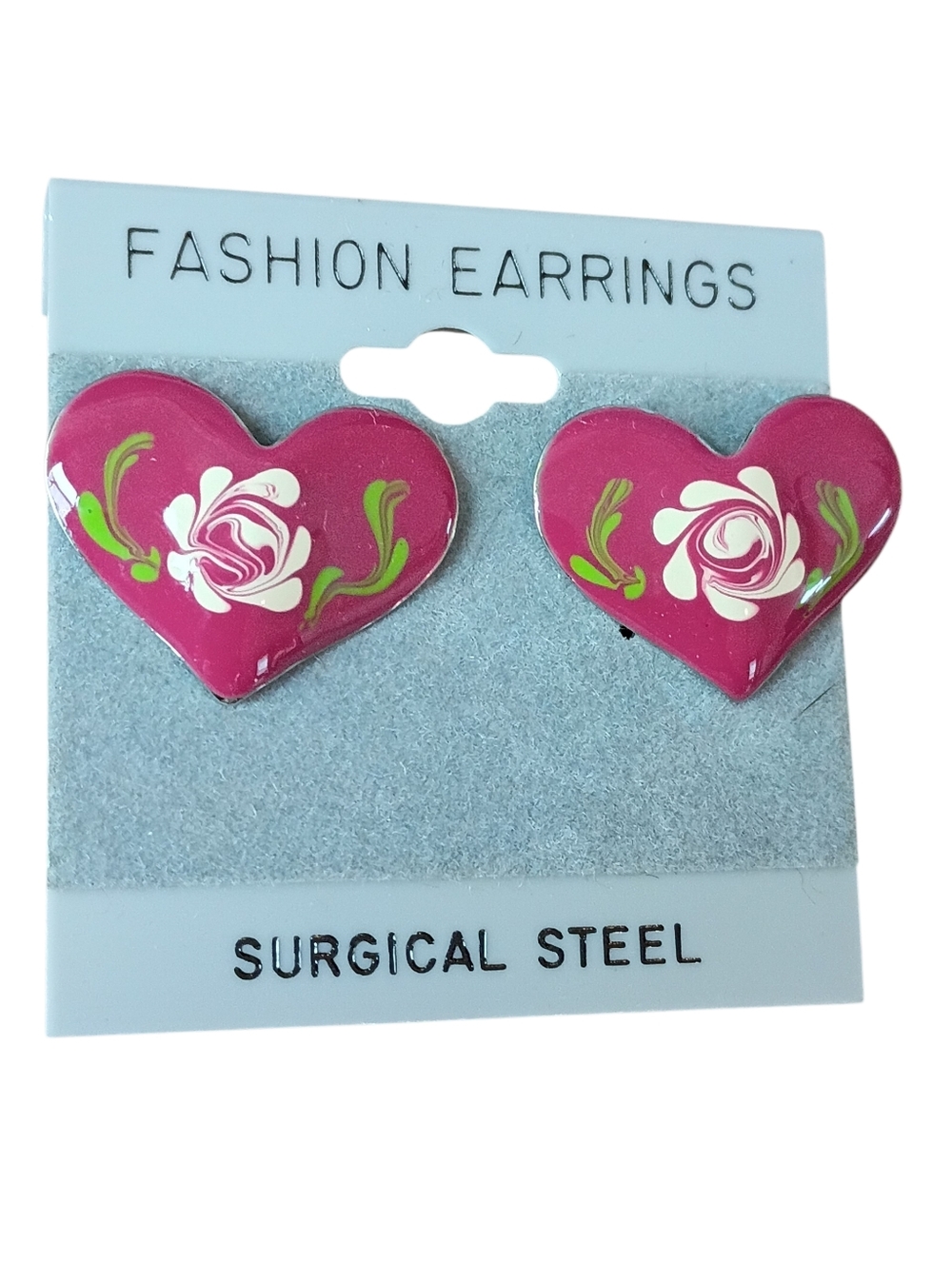 heart stud earrings pink white green women floral print steel fashion jewelry